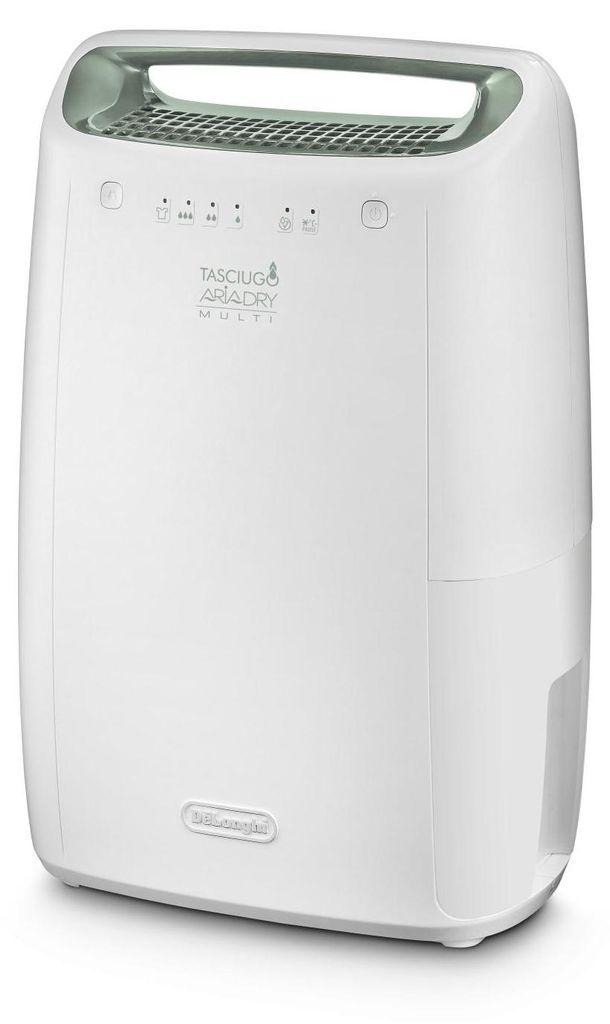 A white dehumidifier with a green handle and accents is shown against a white background.