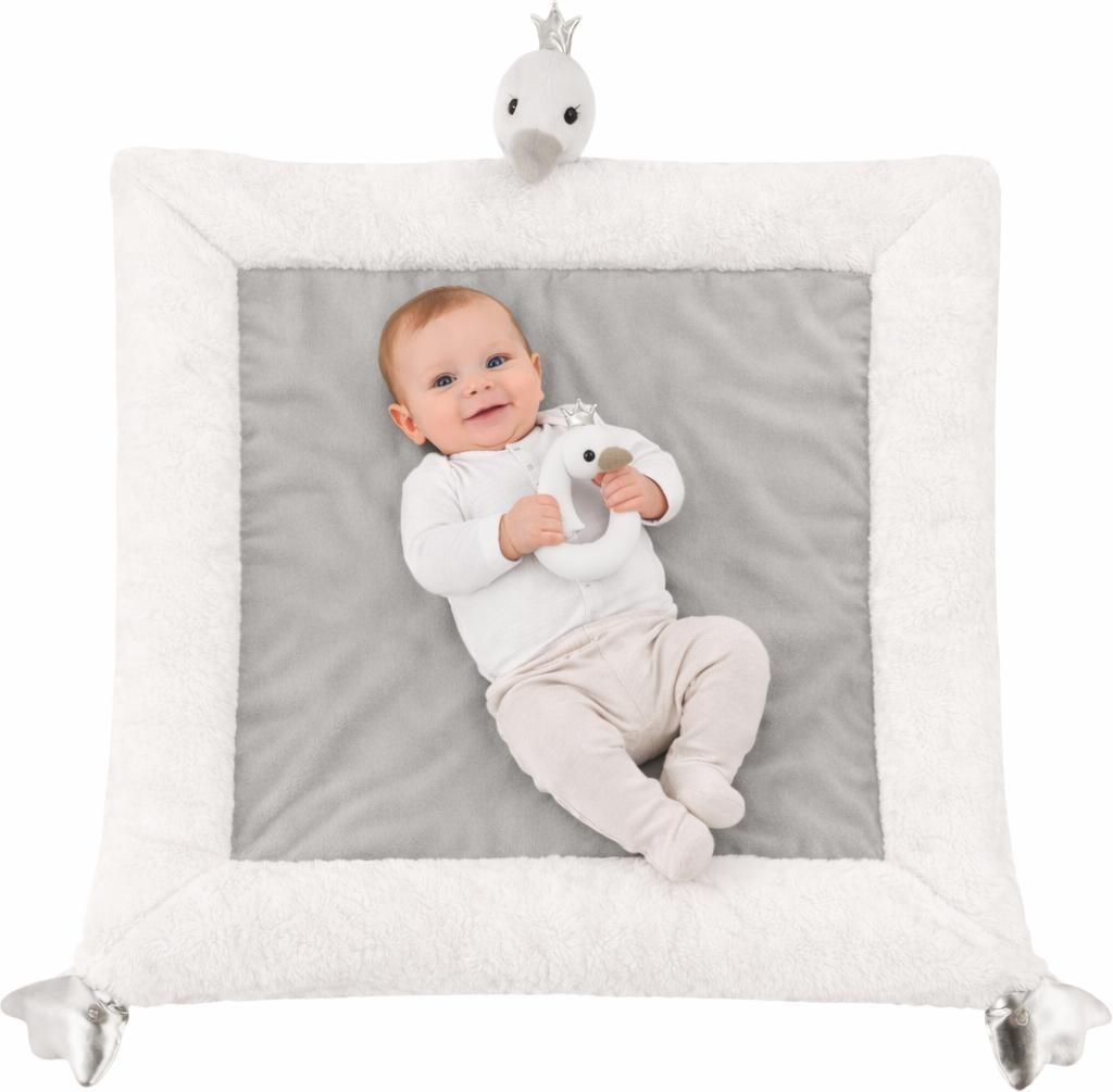 Spielmatte mit Schwan und Rassel – Babyspielmatte – 80 x 80 cm – Weiß/Grau – Weich und bequem