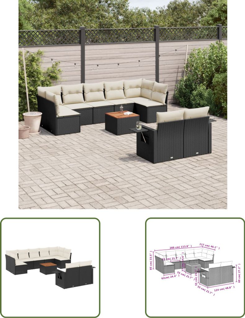 The Living Store 10-tlg. Garten-Sofagarnitur mit Kissen Schwarz Poly Rattan