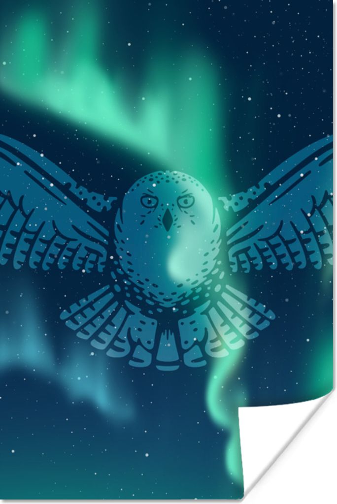 MuchoWow Poster Schneeeule - Tier - Nordlichter 120x180 cm - Kunstposter