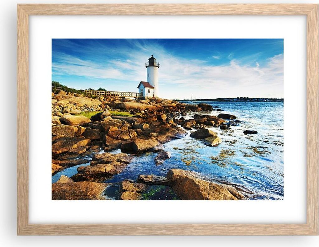 Gerahmtes Poster - Rahmen in heller Eiche - Leuchtturm Ufer Wolke Landschaft - 40x30 cm - Wand Bild - Wanddeko - Wandbilder - Wandposter - Bilderra...