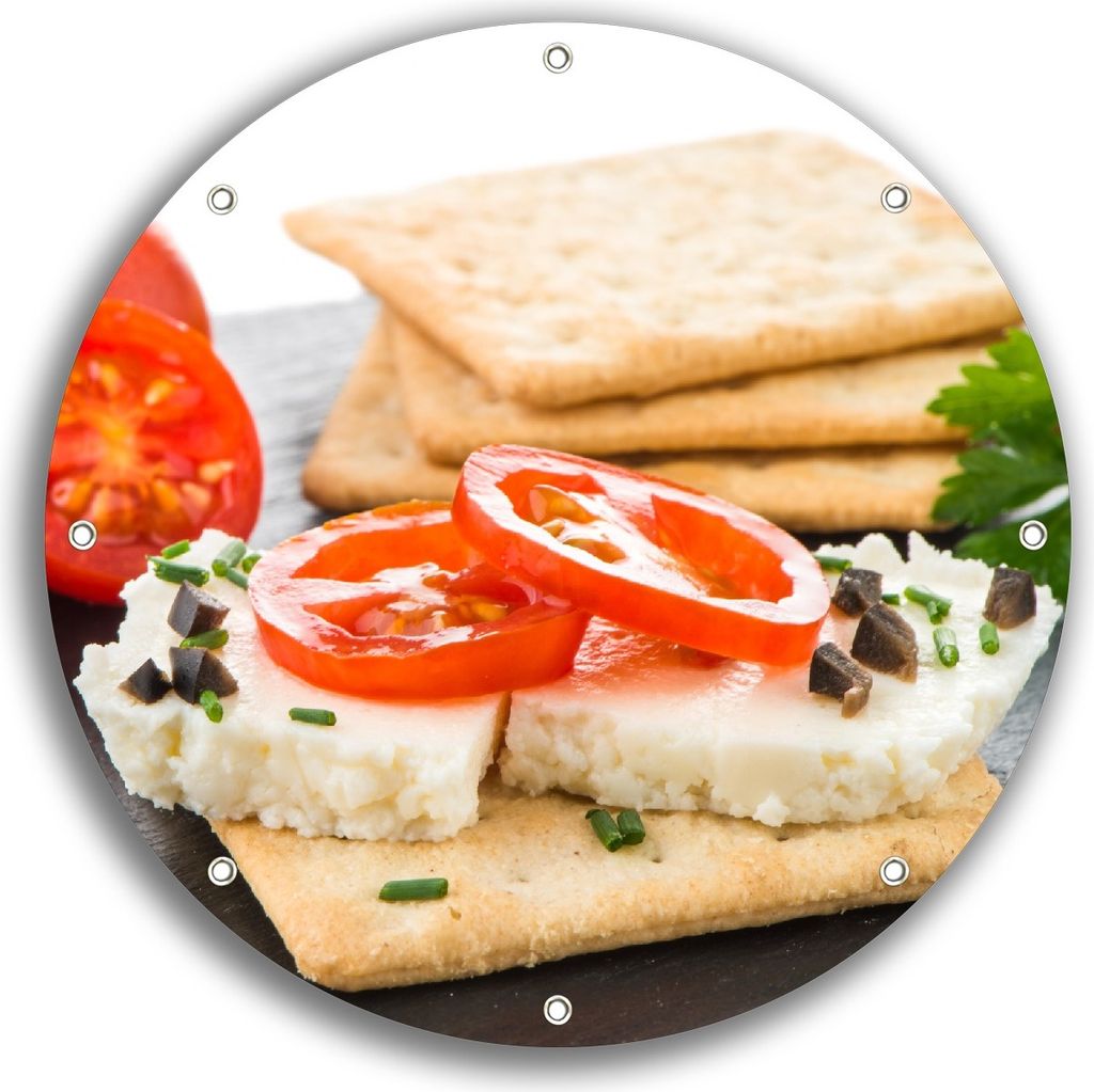 Wallario rundes Outdoor-Poster für Garten oder Balkon, Motiv Frisches Knäckebrot mit Tomaten und Käse, 30 cm Durchmesser