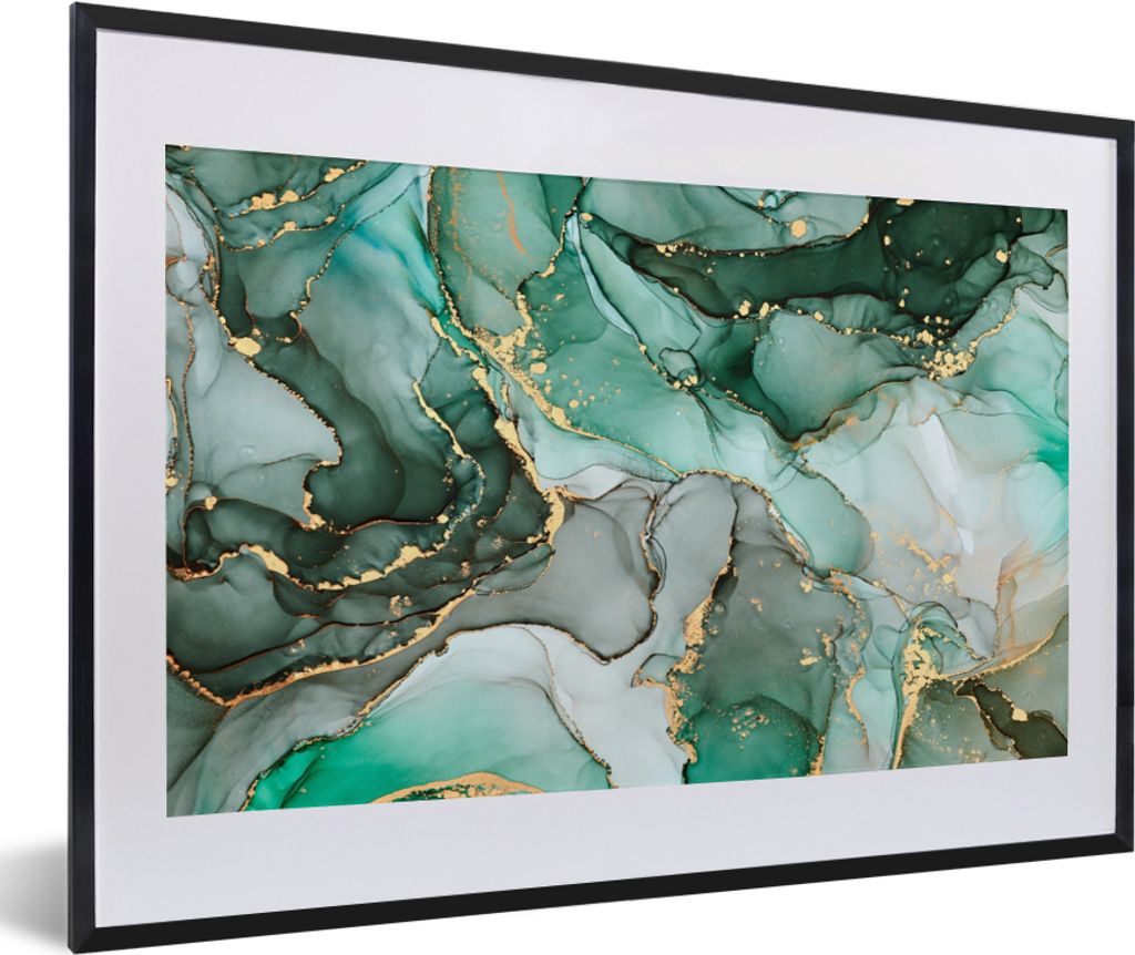 MuchoWow Gerahmtes Poster Gold - Marmor - Grün - Luxus - Marmoroptik - Grau 60x40 cm - Poster mit Schwarzem Bilderrahmen Wandposter Rahmen Foto ...