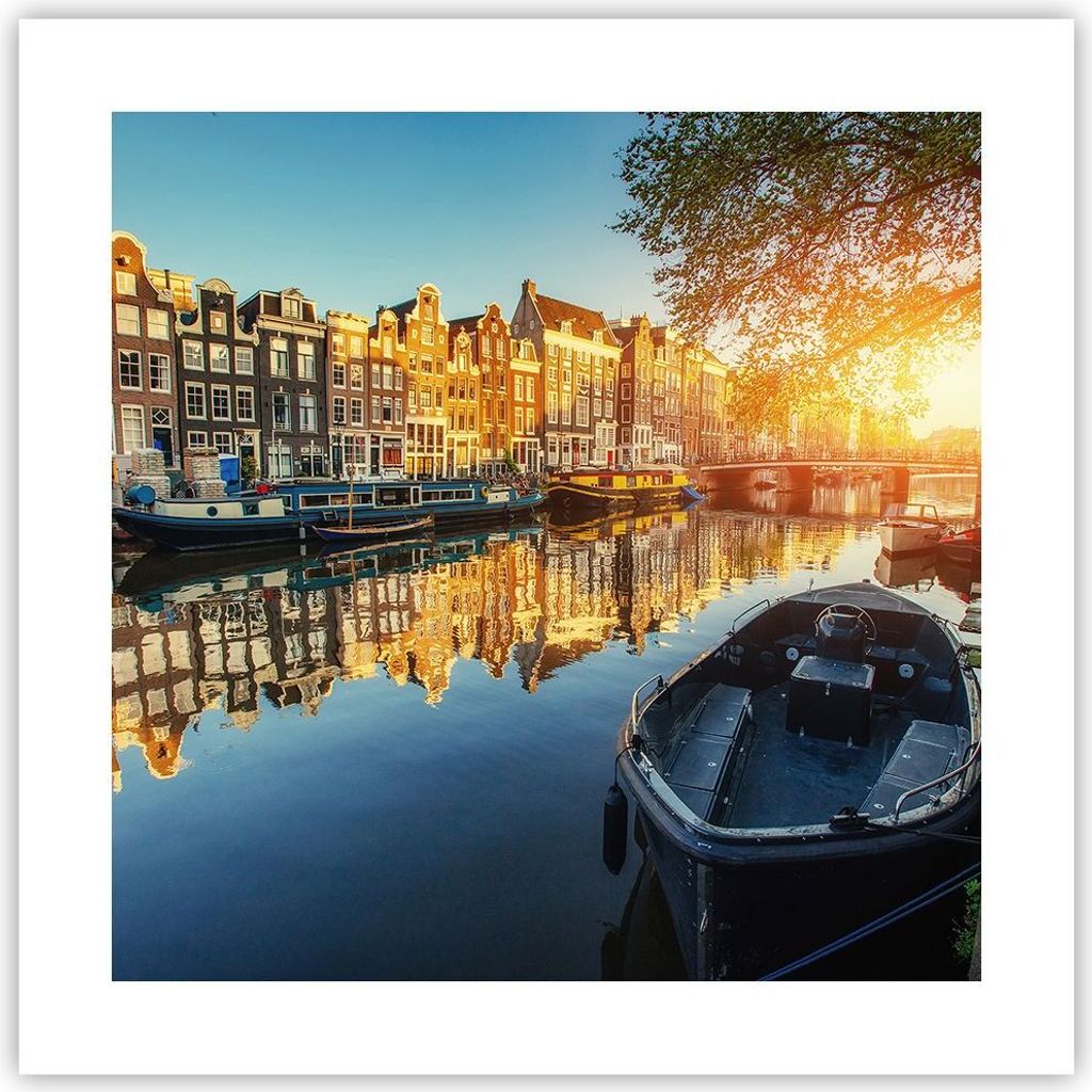 Poster - Poster ohne Rahmen - Kanal Boot Amsterdam Wasser - 40x40 cm - Wand Bild - Wanddeko - Wandbilder - Kunstposter - Wandposter - Bilder - Kuns...