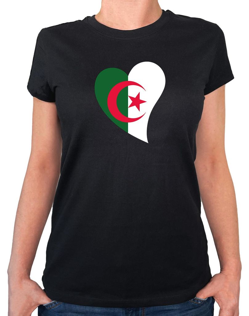 Huuraa Damen T-Shirt Algerien Flagge Herz L Black Bio Baumwolle Fairtrade Damenshirt Geschenkidee