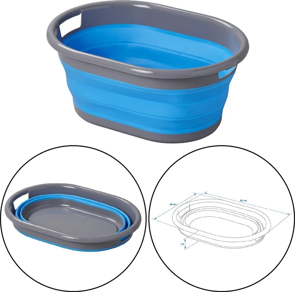 Wäschekorb platzsparend faltbar 7,5 cm hoch, 17L für Wohnwagen & Wohnmobil – Hellblau/Grau, LxBxH: 54 x 39 x 23,5 cm