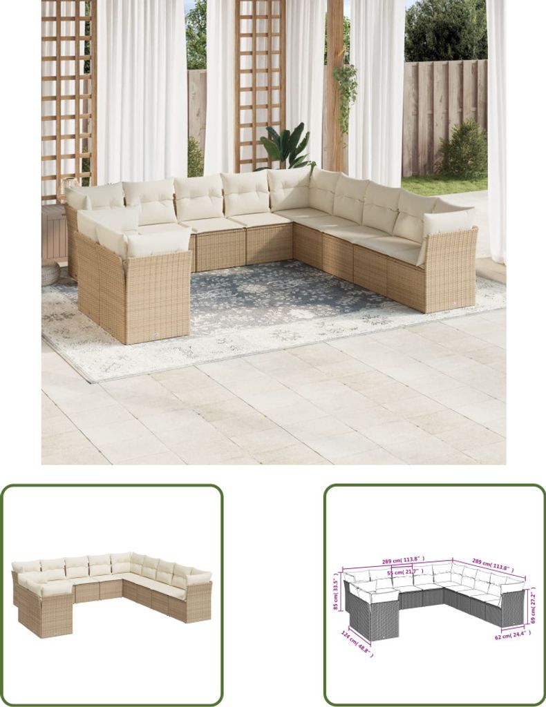 The Living Store 11-tlg. Garten-Sofagarnitur mit Kissen Beige Poly Rattan