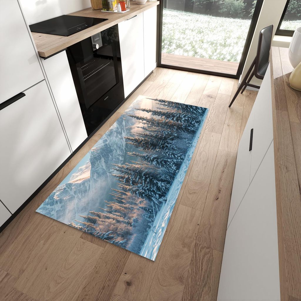Küchenteppich 90x180cm rutschfest & abwischbar PVC Läufer - Schneebedeckte Berge