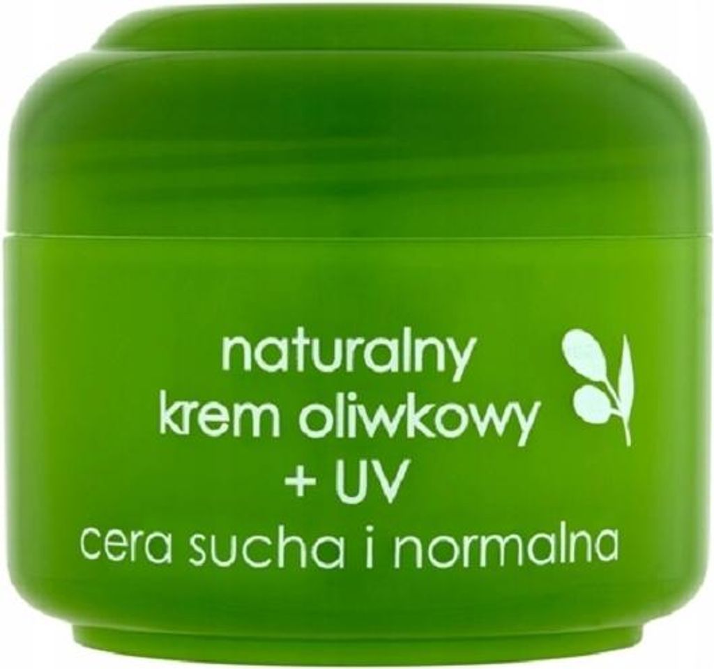 A green jar of cream with white text and an olive branch illustration.