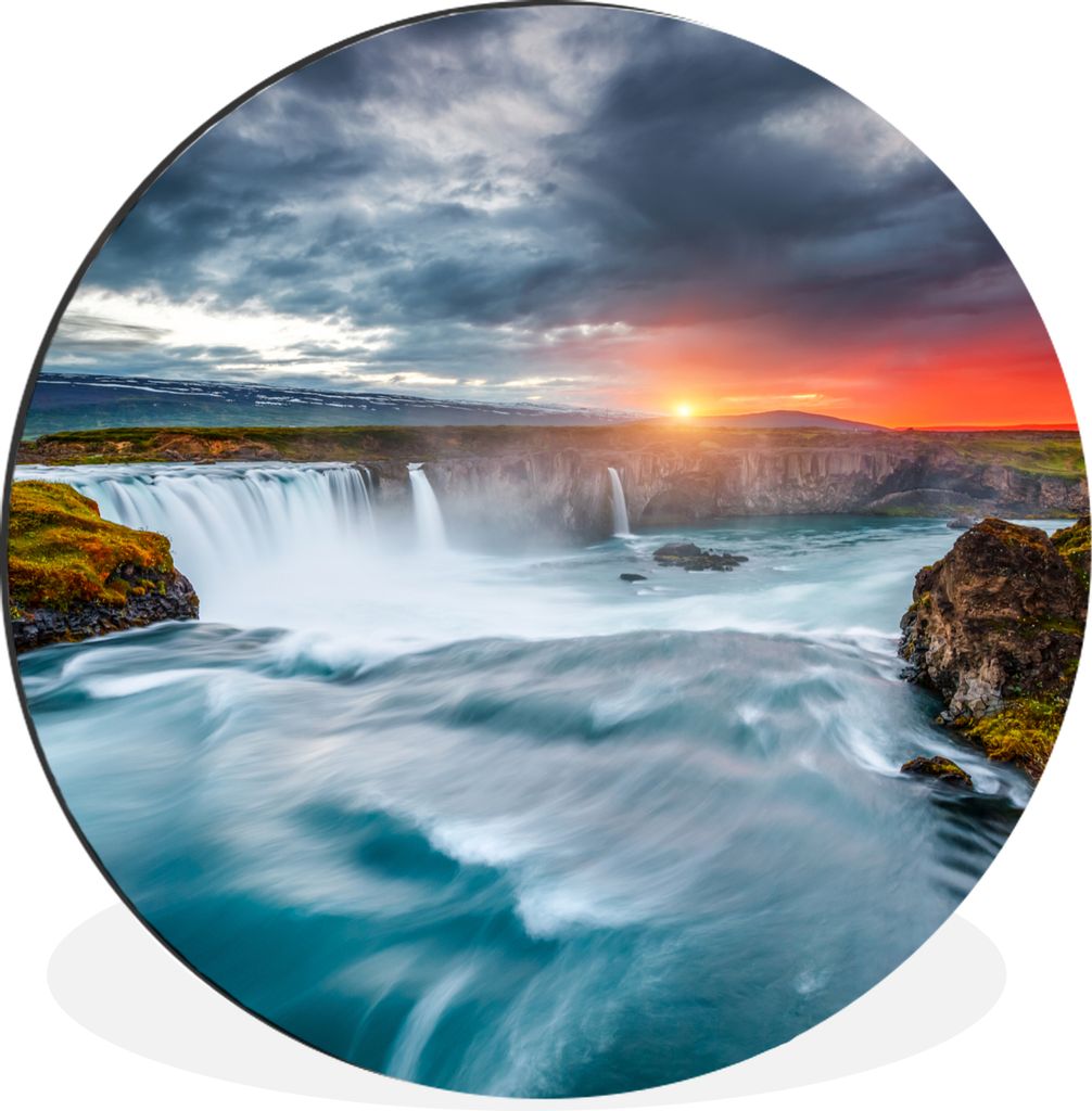 MuchoWow Aluminium Wandkreis Wasserfall - Sonnenuntergang - Natur - Wasser Ø 30 cm Wanddeko Modern Wohnzimmer - Wand Bild - Wohnzimmer - Runde B...