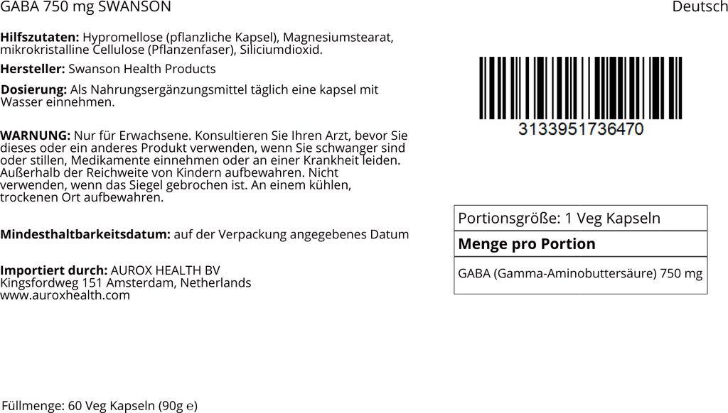 GABA  750 mg 60 vegetarische Kapseln Swanson Health Produktbild 