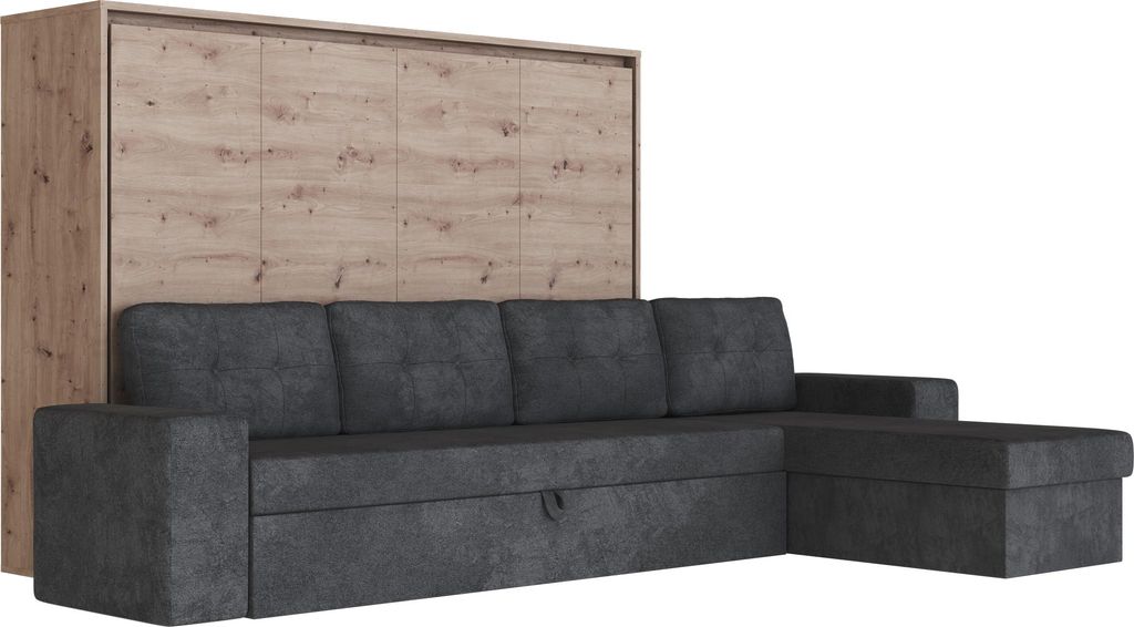 Schrankbett M2 Horizontal 140x200 mit Ecksofa Anthrazit Wildeiche
