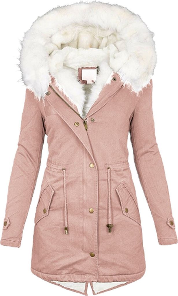 Winterjacke Damen Lang - Warmer Mantel mit Kapuze, Winterparka mit Reißverschluss, Slim-Fit Plüschjacke mit Kordelzug und Taschen, Rosa, S