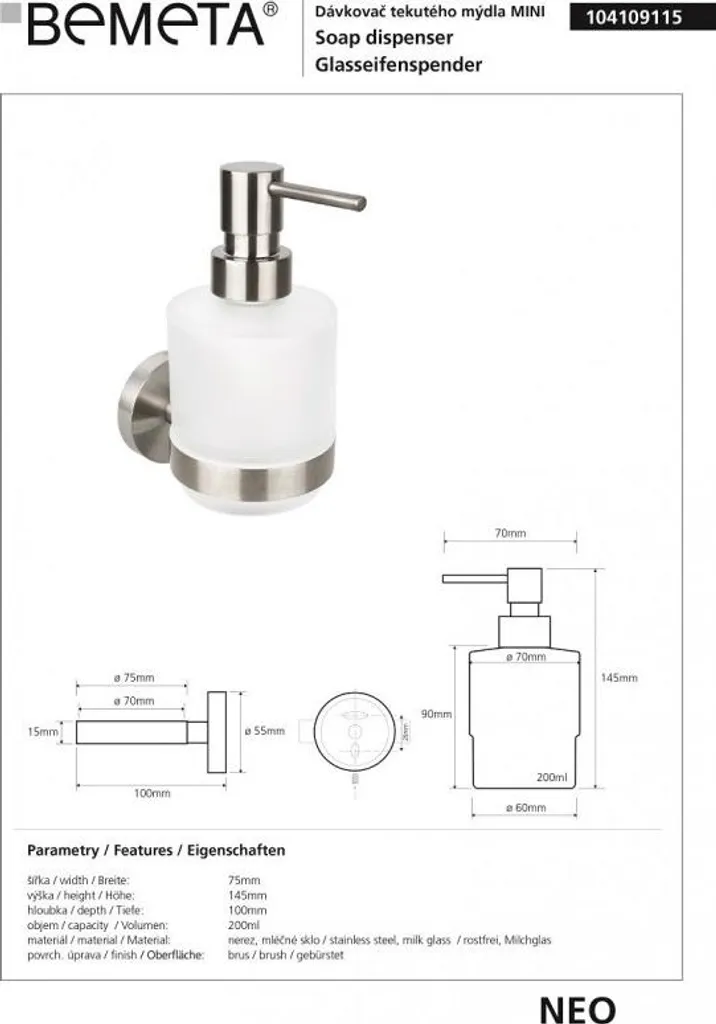 Distributeur de savon liquide NEO en verre pour cuisine et toilette