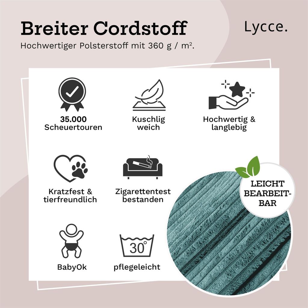 Lycce Cordstoff Meterware | 35.000 Scheuertouren | Tierfreundlich & kratzresistent | 1 lfm x 1,40 m breiter Polsterstoff für Möbel, Kissenbezüge...