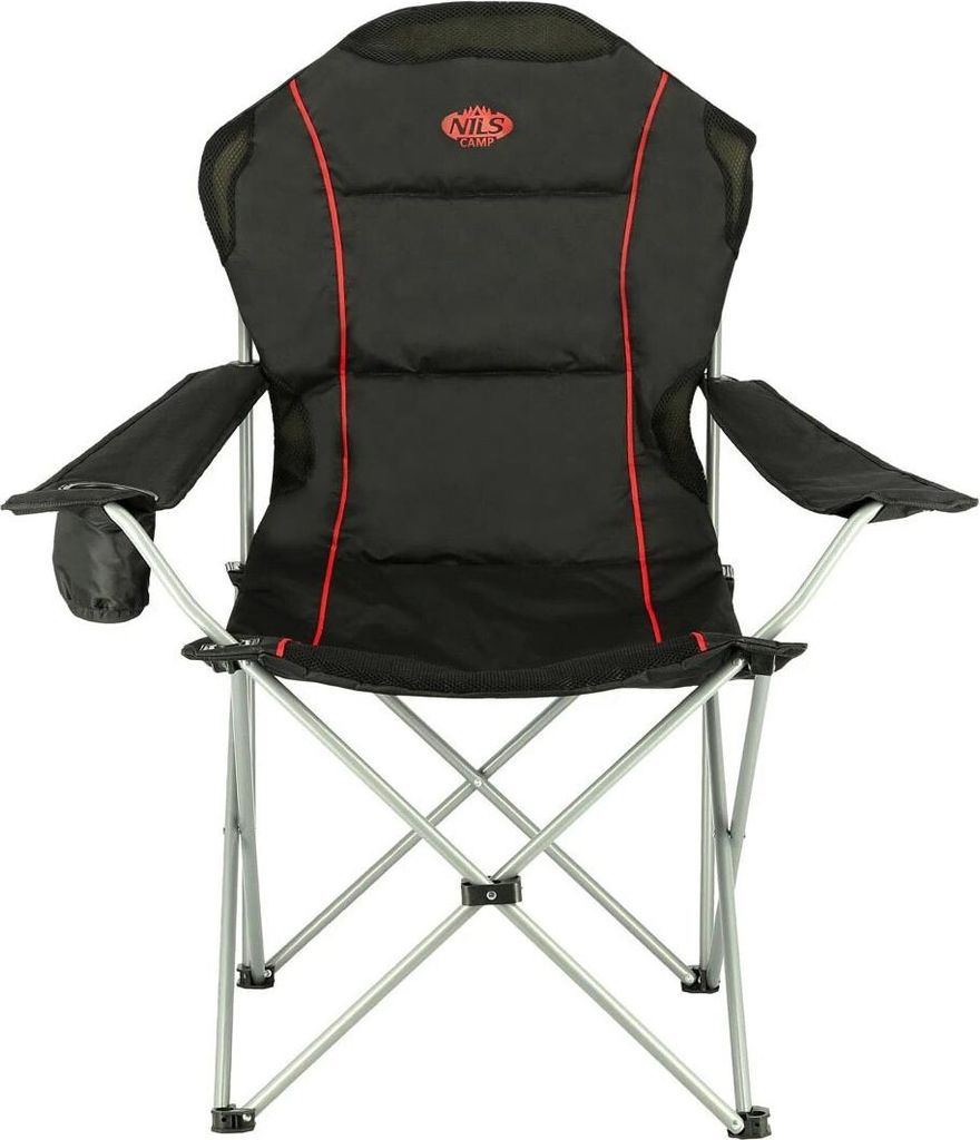 A black and red camping chair with a cup holder on the side.