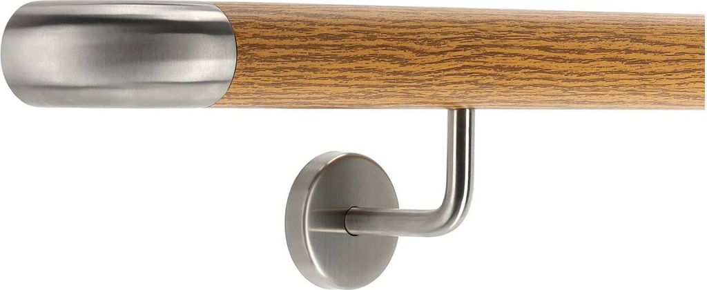 TIBU Handlauf Aluminium Eiche Holz Nachbildung 30-600cm Wandhandlauf Treppe gewinkelte Edelstahlhalter, Länge 380 cm mit 4 Halter und Bogen zur Wand
