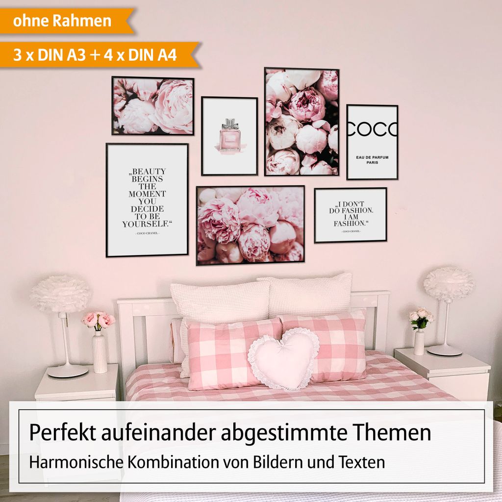 Hyggelig Home Premium Poster Set - 7 passende Bilder OHNE RAHMEN im stilvollen Set - 3 x DIN A3 + 4 x DIN A4 - Set Coco, Option:mit Rahmenset weiß