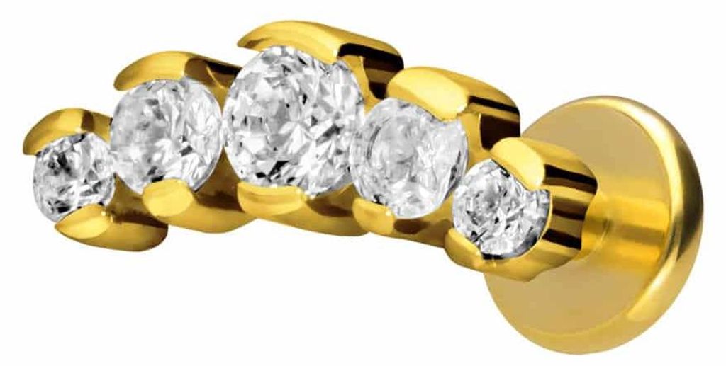 Ohrpiercing, Nasenpiercing Titan Labret mit Innengewinde 5 EINGEFASSTE KRISTALLE Gold Stablänge: 6mm | Stabstärke: 1,2mm