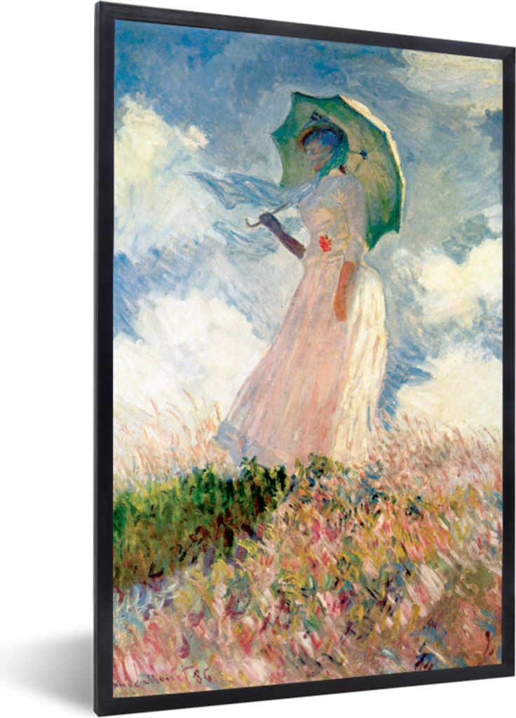 MuchoWow Gerahmtes Poster Frau mit Sonnenschirm - Gemälde von Claude Monet 60x90 cm - Poster mit Schwarzem Bilderrahmen Wandposter Rahmen Foto B...