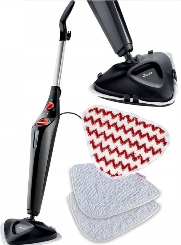 A Vileda steam mop and its accessories are displayed against a white background.