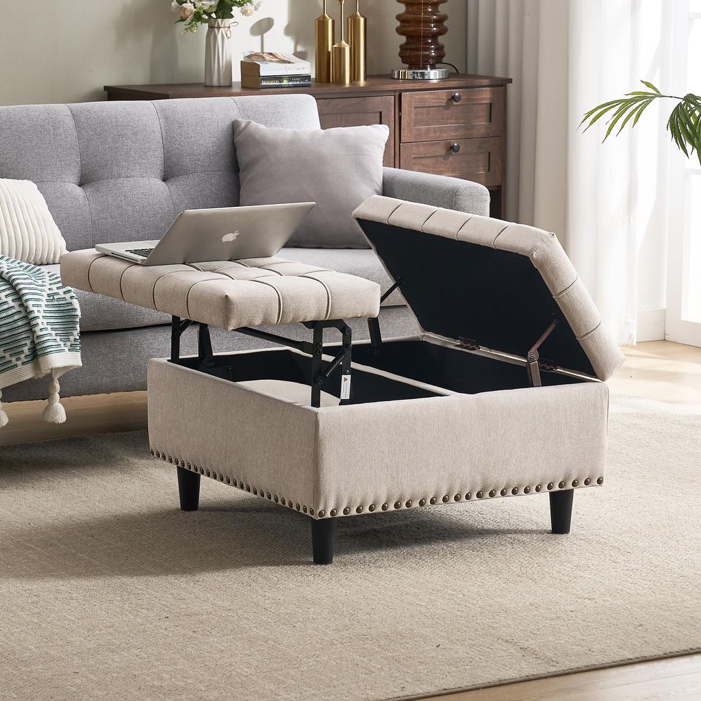 LVHOM Sitzbank mit Stauraum, Ottomane Leinen, Lift-Top - Fußhocker/Couchtisch, 130kg belastbar für Wohnzimmer/Büro/Schlafzimmer, 75x75x41cm, Beige