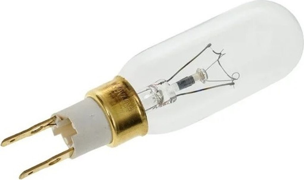 A close-up product shot of a small, clear glass light bulb with a white and gold metal base and two prongs for connection.