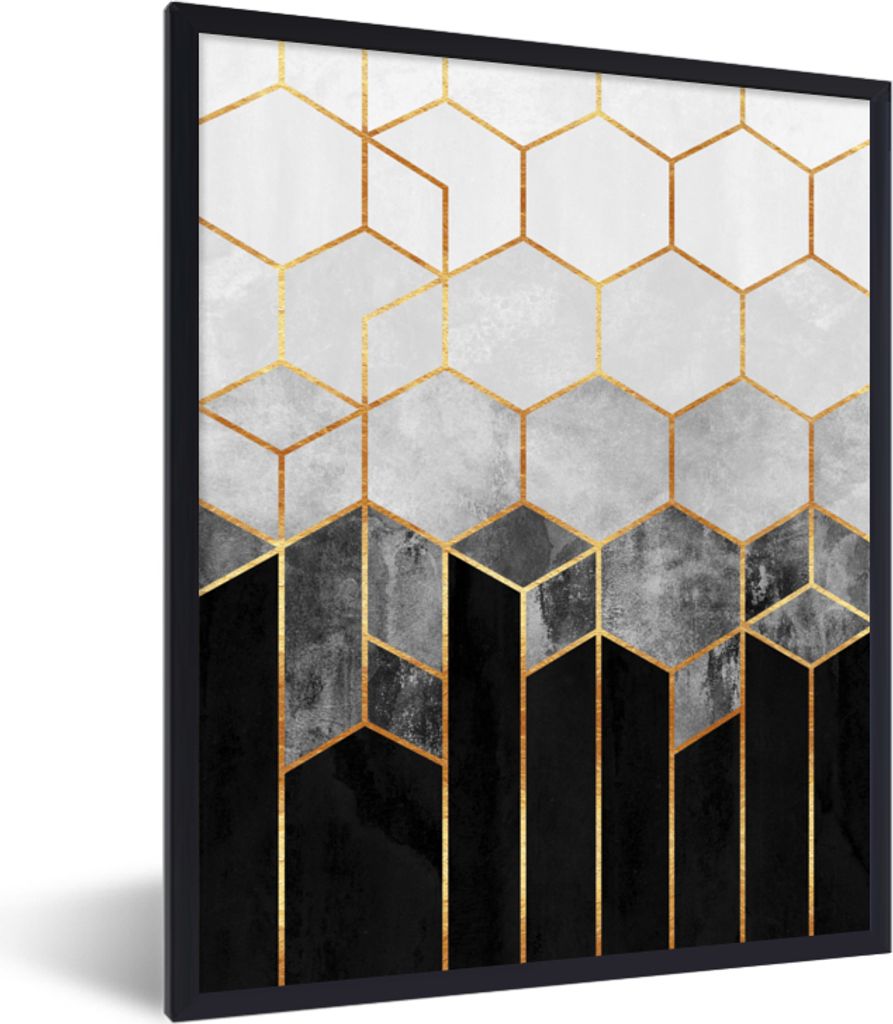 MuchoWow Gerahmtes Poster Gold - Sechseck - Chic - Muster - Luxus 60x80 cm - Poster mit Schwarzem Bilderrahmen Wandposter Rahmen Foto Bilder - Pr...