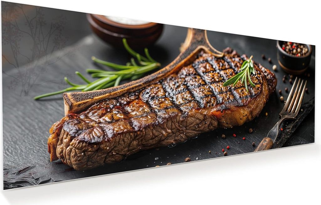 Glasbild 100x40cm in XXL für Wohnzimmer, Schlafzimmer Motiv Gegrilltes Steak