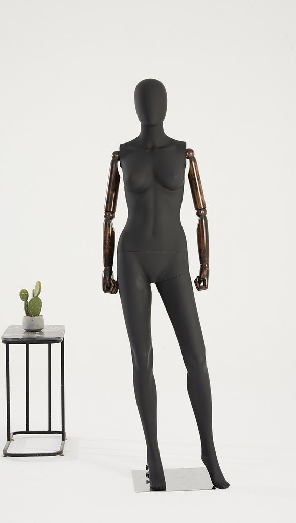 Eurotondisplay weibliche Schaufensterpuppe schwarz matt DF11-8M Abstrakte Egghead Holzarme Hände beweglich Edelstahl Metallplatte