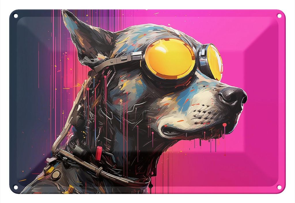 Wallario Blechschild Metallbild : Brillante Farben, Größe 20 x 30 cm Motiv Cyberpunk-Hund mit Brille