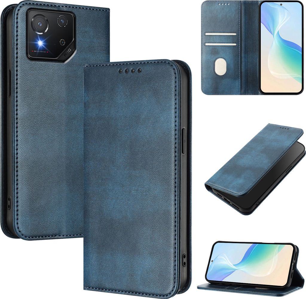 Handyhülle für Asus ROG Phone 8 / 8 Pro, Vintage Leder RFID Schutz Kartenfach Standfunktion Magnetische Klapphülle Blau