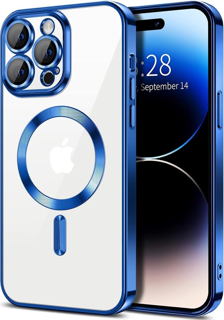 Magnetische Klar Hülle für iPhone 14 Pro Max, Kompatibel mit MagSafe, Elektroplattiert Handyhülle mit Kameraschutz Blau