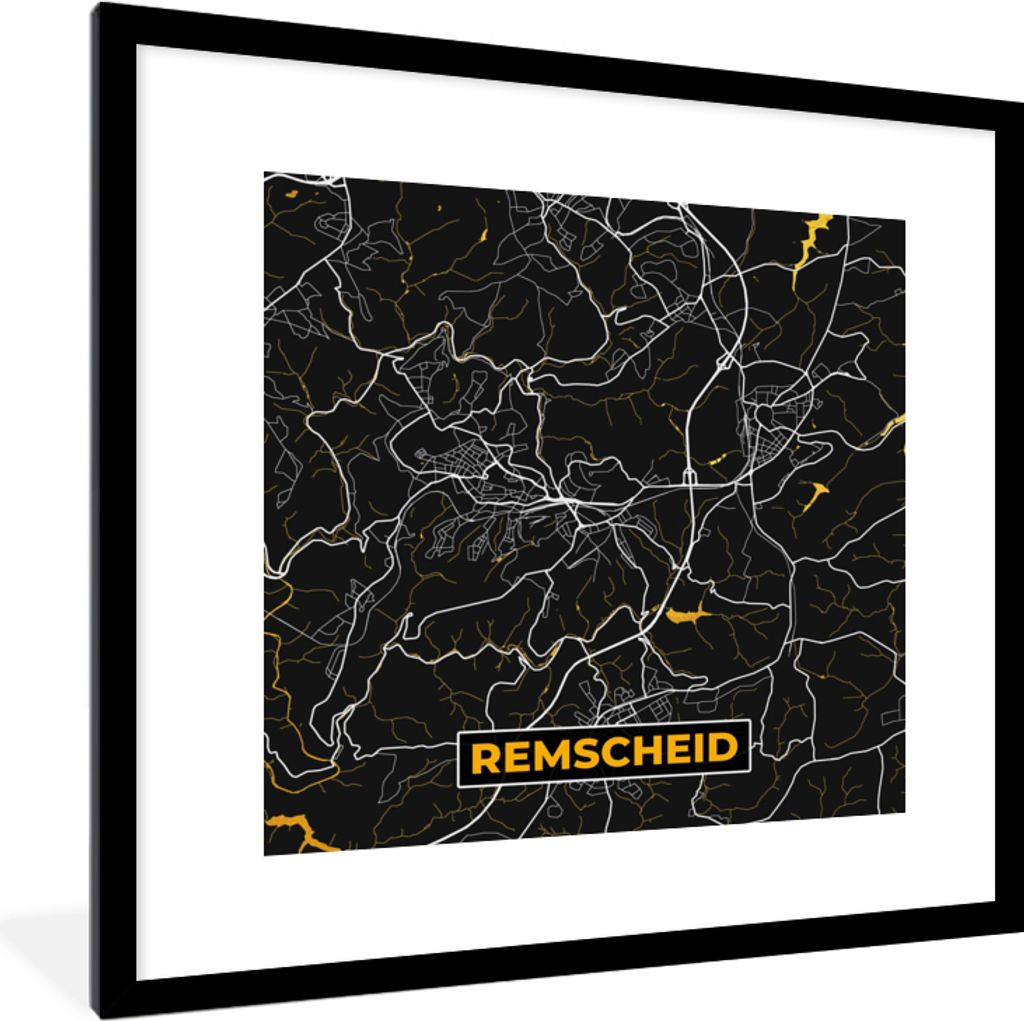 MuchoWow Gerahmtes Poster Remscheid - Stadtplan - Karte - Deutschland - Gold 40x40 cm - Poster mit Schwarzem Bilderrahmen Wandposter Rahmen Foto ...