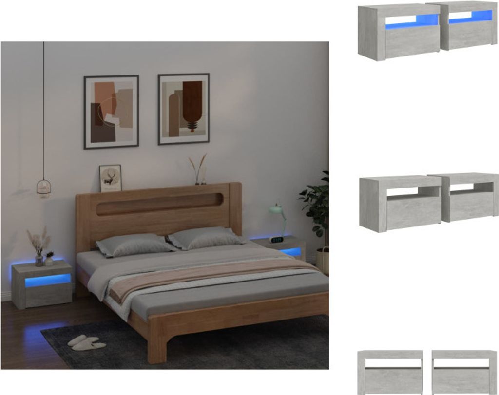 vidaXL Nachttische 2 Stk. mit LEDs Betongrau 60x35x40 cm - Nachttische