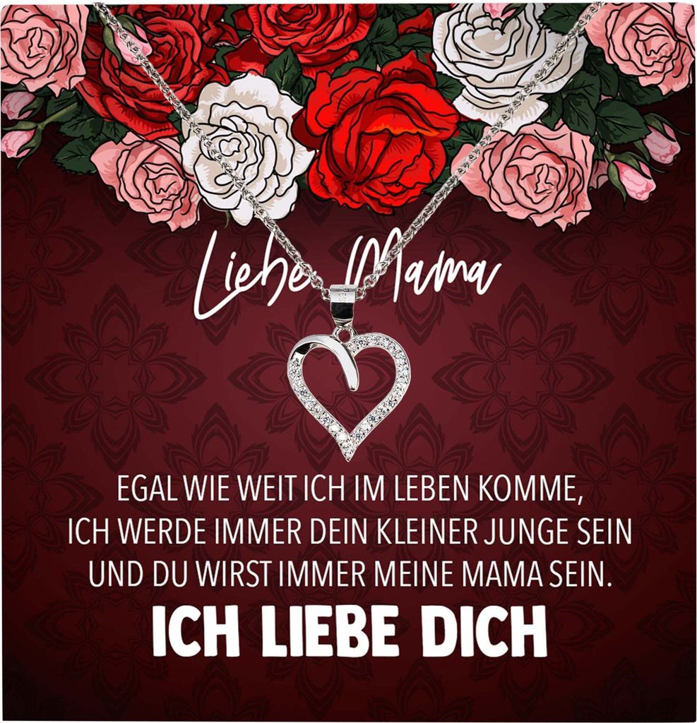 22Feels Echt Silber Halskette - Liebe Mama Geschenk von Sohn Geburtstag und Muttertag Mutter Schmuck Set für Frauen - Herz Anhänger, Karte
