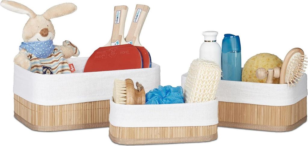 Set von 3 rechteckigen Bambus-Aufbewahrungskörben mit Stoff für Spielzeug - Badezimmeraccessoires Natur