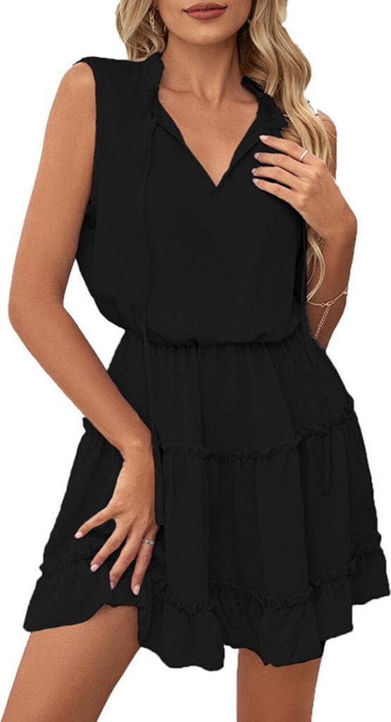 ASKSA Damen Ärmellos Kleid Tunikakleid Elegant Rüschen Sommer V-Ausschnitt Einfarbig Kleider, Schwarz, L