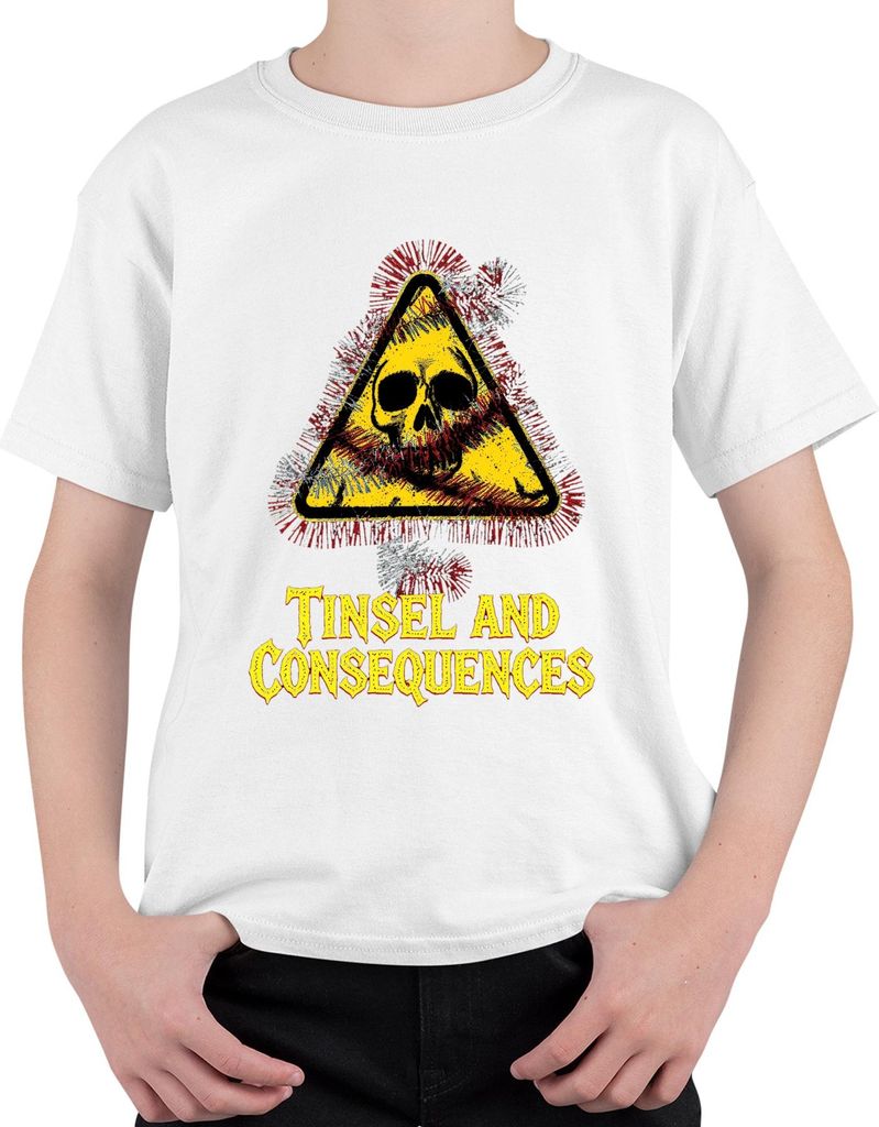Tinsel and Consequences Totenkopf Lametta Warnschild Weihnachten Uni Kinder T-Shirt, Weiß, 128