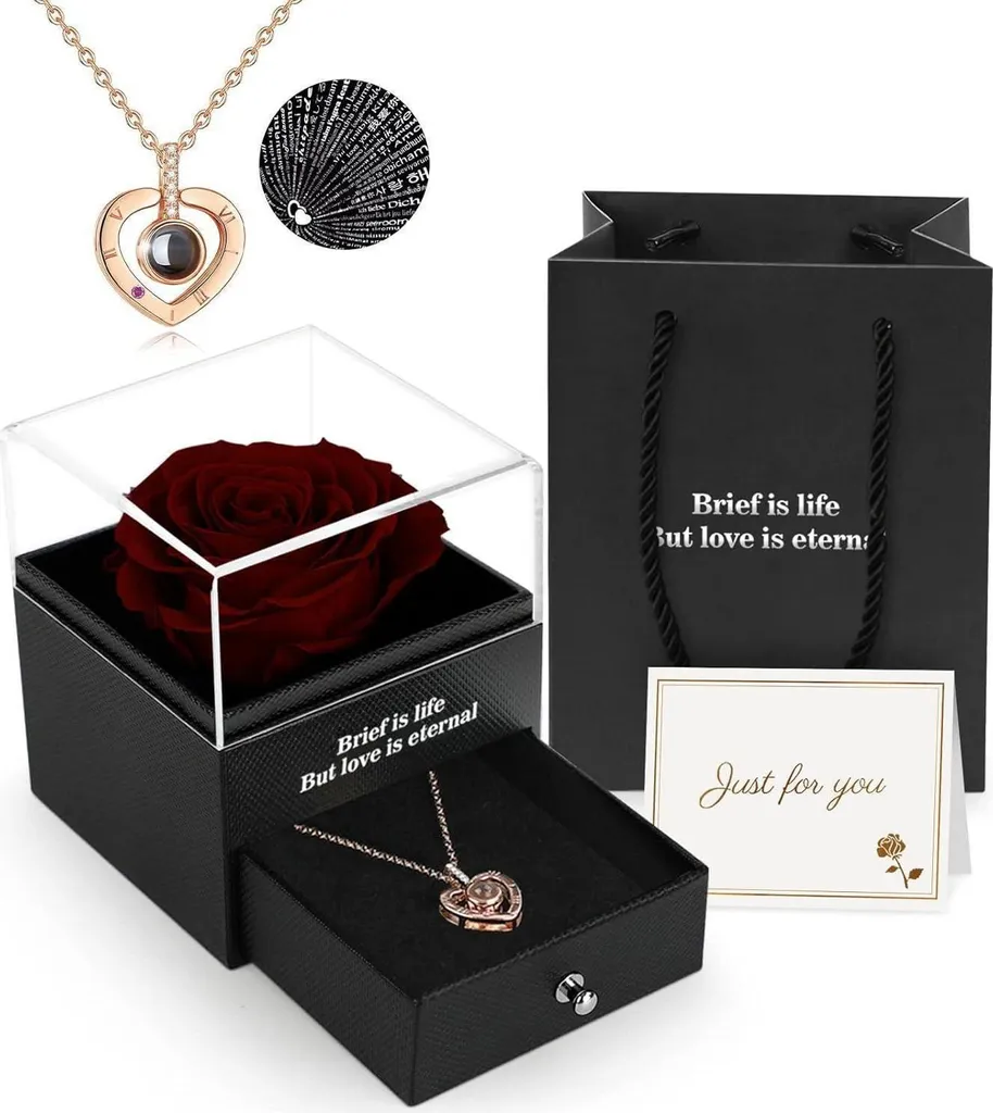 ADAZ Rosa Vera Stabilizzata Rosso Vino con Collana Ti Amo 100 Lingue