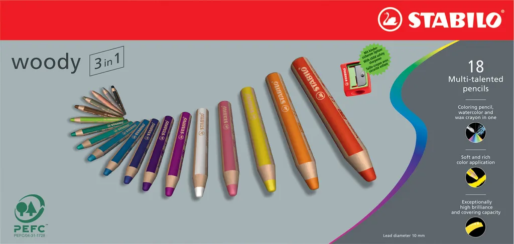 Crayons de couleur 3 en 1 STABILO woody aquarellables Set de 18