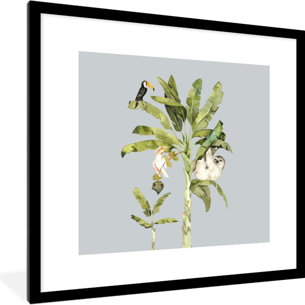MuchoWow Gerahmtes Poster Palme - Faultier - Tukan 40x40 cm - Poster mit Schwarzem Bilderrahmen Wandposter Rahmen Foto Bilder - Poster - Plakat i...