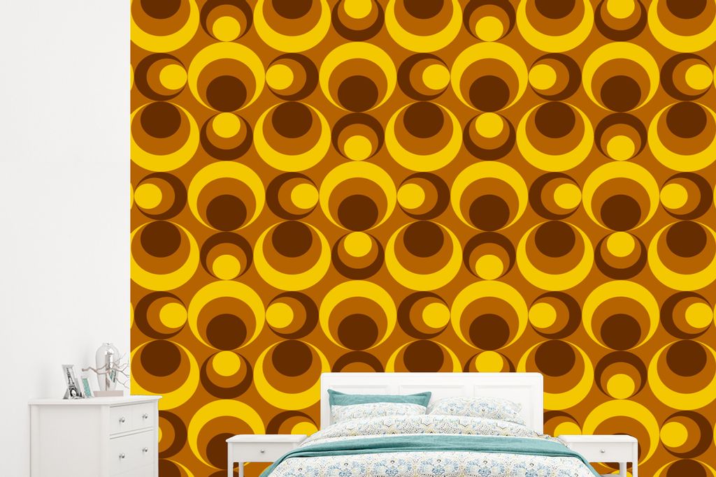 MuchoWow Fototapete für Wohnzimmer oder Schlafzimmer Wandtapete Vinyl Motivtapete Muster - Retro - Braun - Gelb - 265x240 cm - Zimmer für Kinder