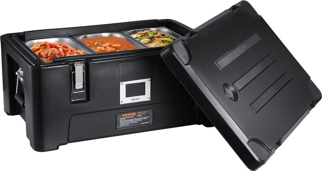 Insulated Food Pan Carrier, 36Qt Capacity, Stackable Catering Hot Box with 3 Stainless Steel Pans, Top Load LLDPE Food Warmer with Elastic Side Han...