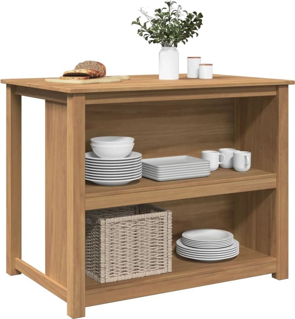 A wooden kitchen island with shelves and various kitchenware items.