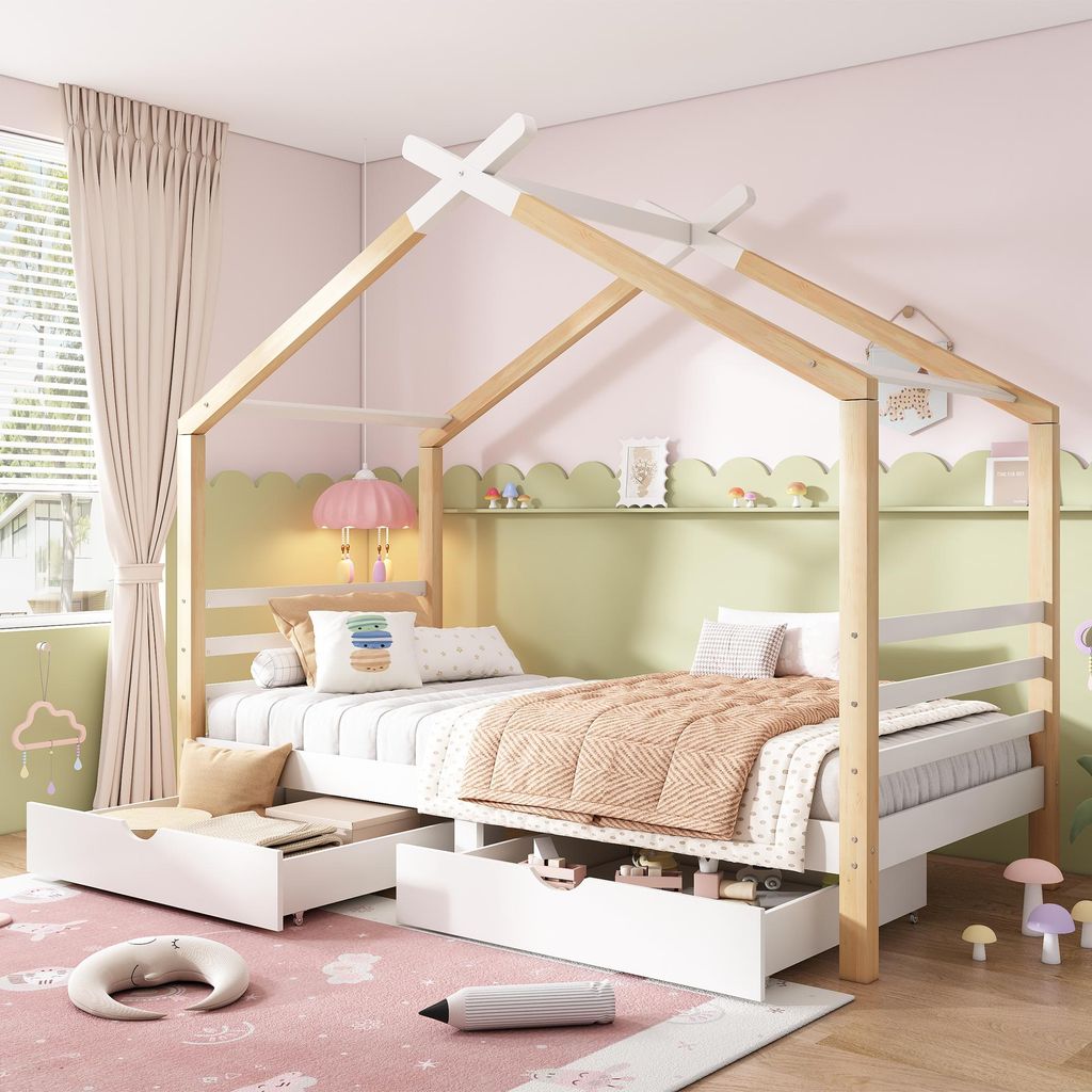 Kinderbett Hausbett 90x200 cm aus Kiefer-Massivholz mit Lattenrost & Schubladen Modernes Jugendbett Bettgestell Stabil mit Kopfteil Weiß & Natur