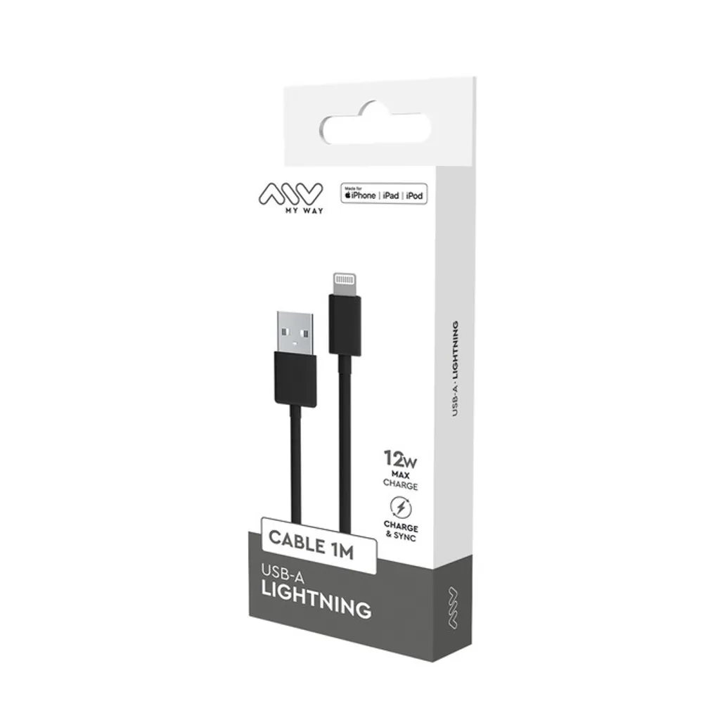 Câble Lightning vers USB Myway 1m noir pour recharge et synchro 12W