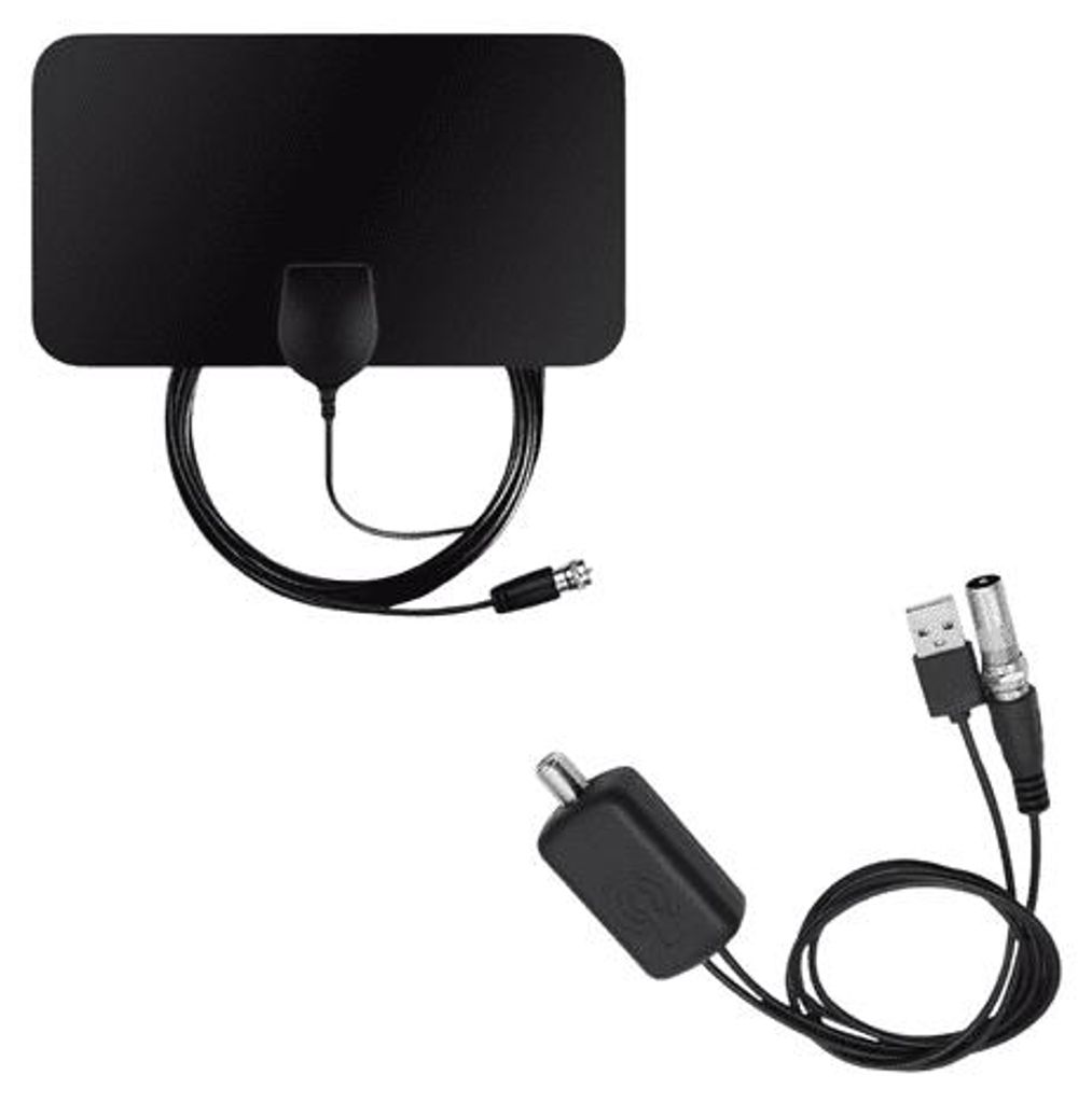 Schwarze Flachbild-HDTV-Antenne mit angeschlossenem Koaxialkabel und separatem USB-Netzteil