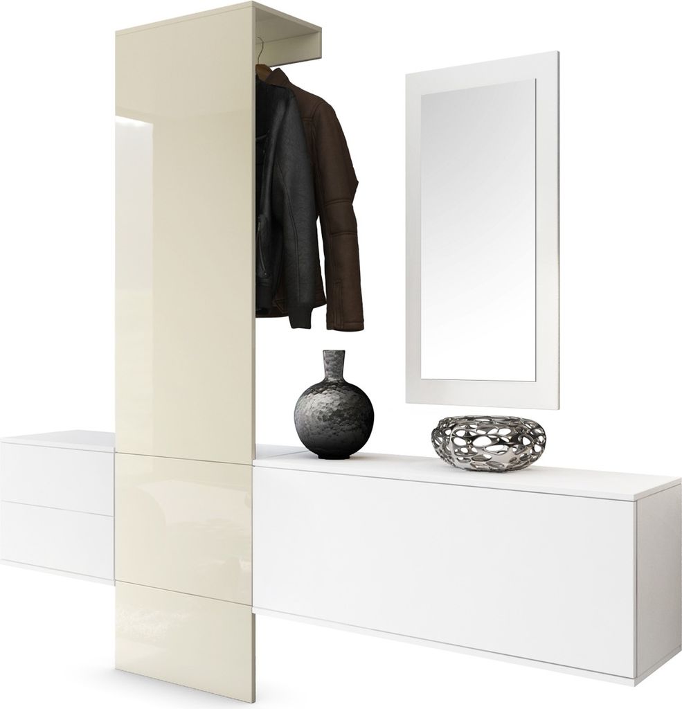 Vladon Garderobe Wandgarderobe Carlton Set 1, Germany, Korpus in Weiß matt / Paneel in Creme Hochglanz