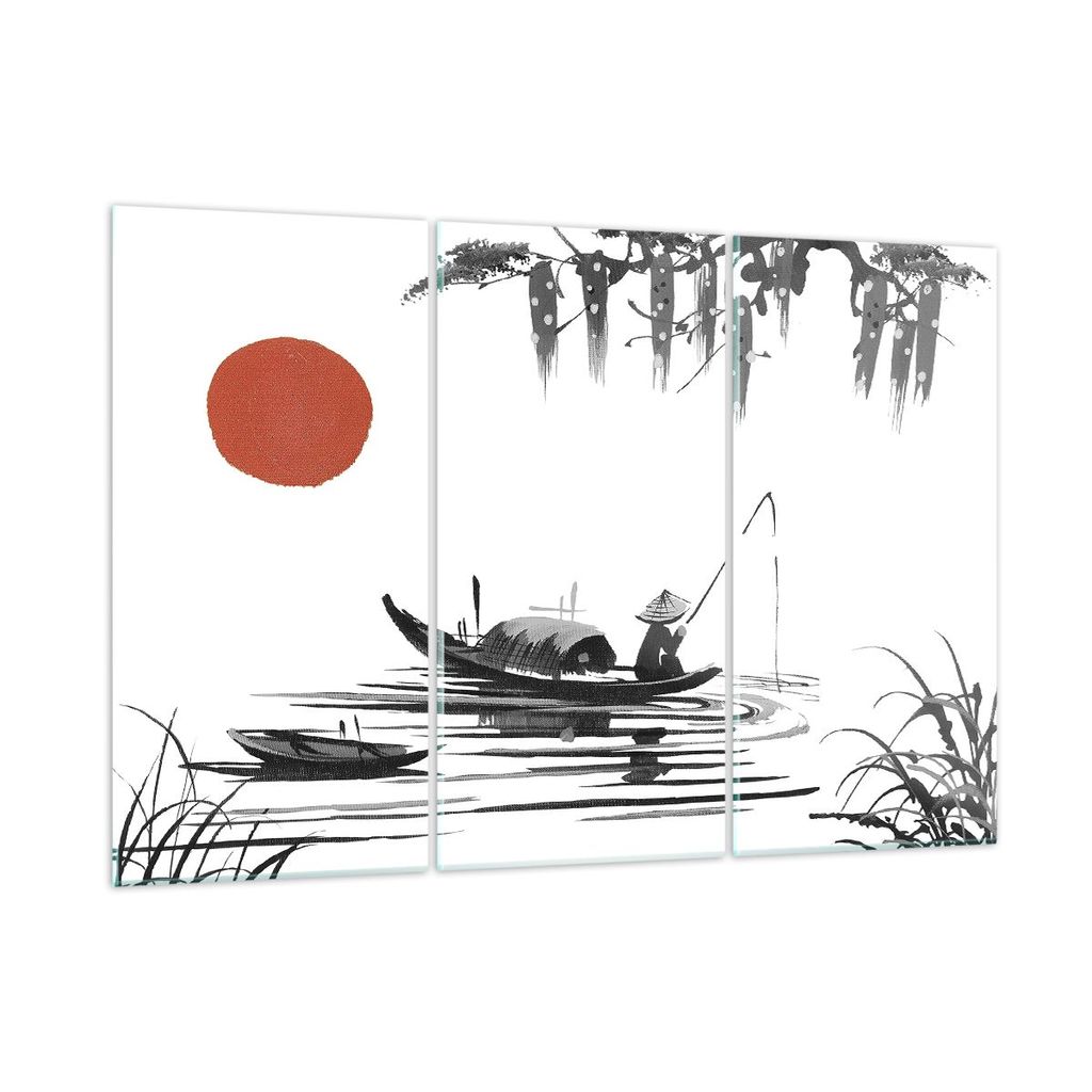 Bilder auf glas - 3 Teile - China Angler Zeichnen - 105x70cm - Glasbilder - Wandbilder - Bilder - zum Aufhängen bereit - Wanddekoration aus Glas -...